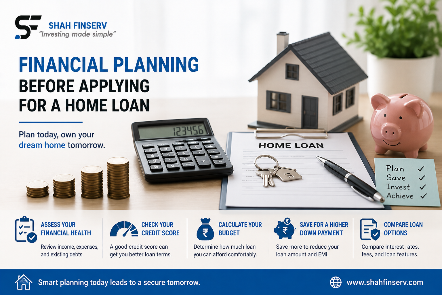 Home loan financial planning covering EMI, down payment, credit score, insurance and financial goals